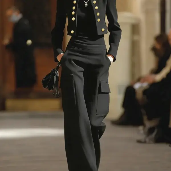 Stand Collar Cropped Jacket, High Waist Cargo Pants